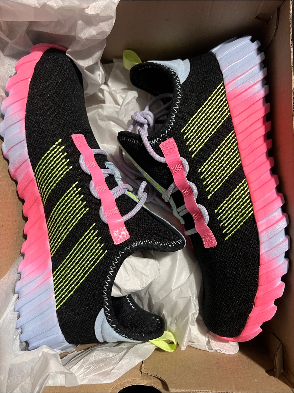 adidas Kids Black Sneakers with Neon Yellow Stripes and Pink Gradient Sole